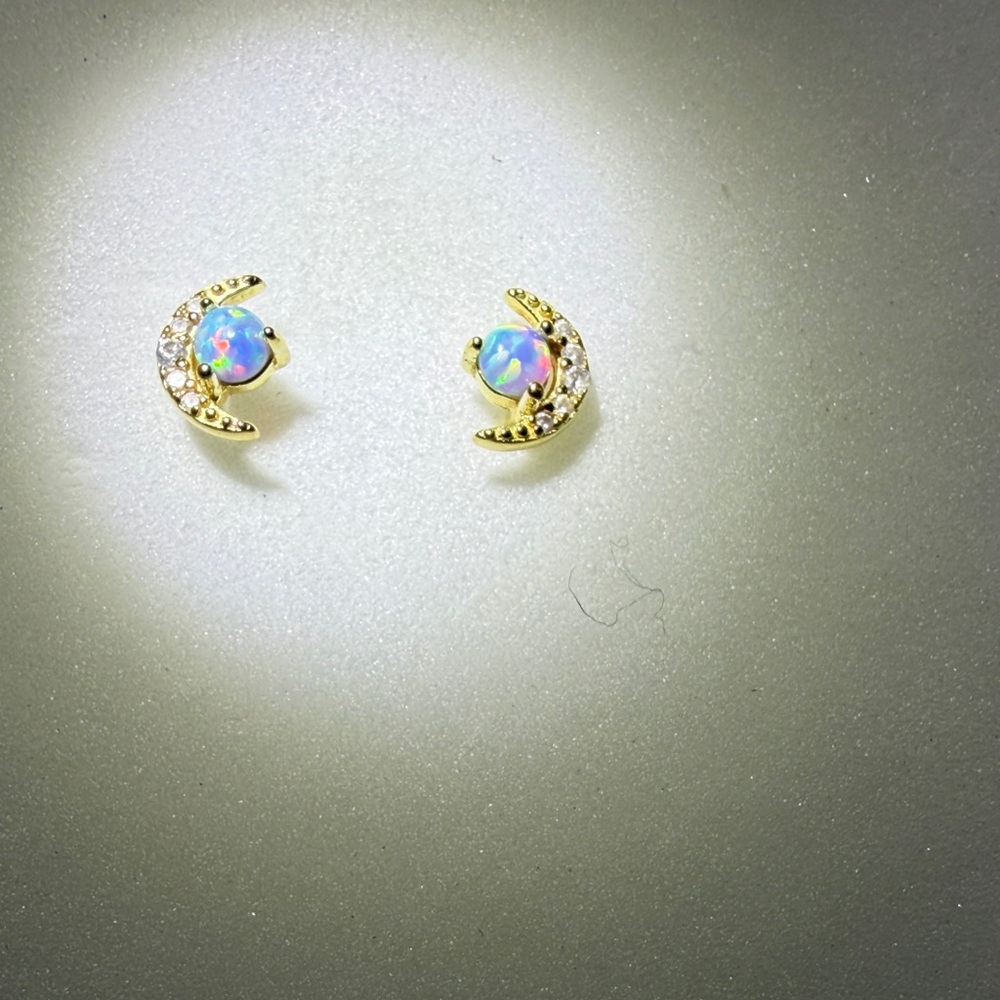Misha Hawaii Gold Crescent Moon Opal Earrings with CZ